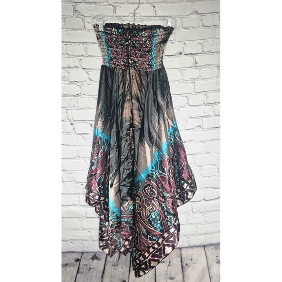 Boho Strapless Smocked Handkerchief Hem Paisley Dream Dress Turquoise Magenta - Picture 2 of 7